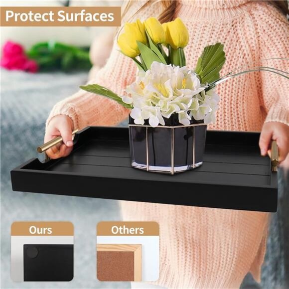 Wood Serving Tray Set Large Coffee Table Ottoman Tray with Handles and Coasters - Picture 5 of 7